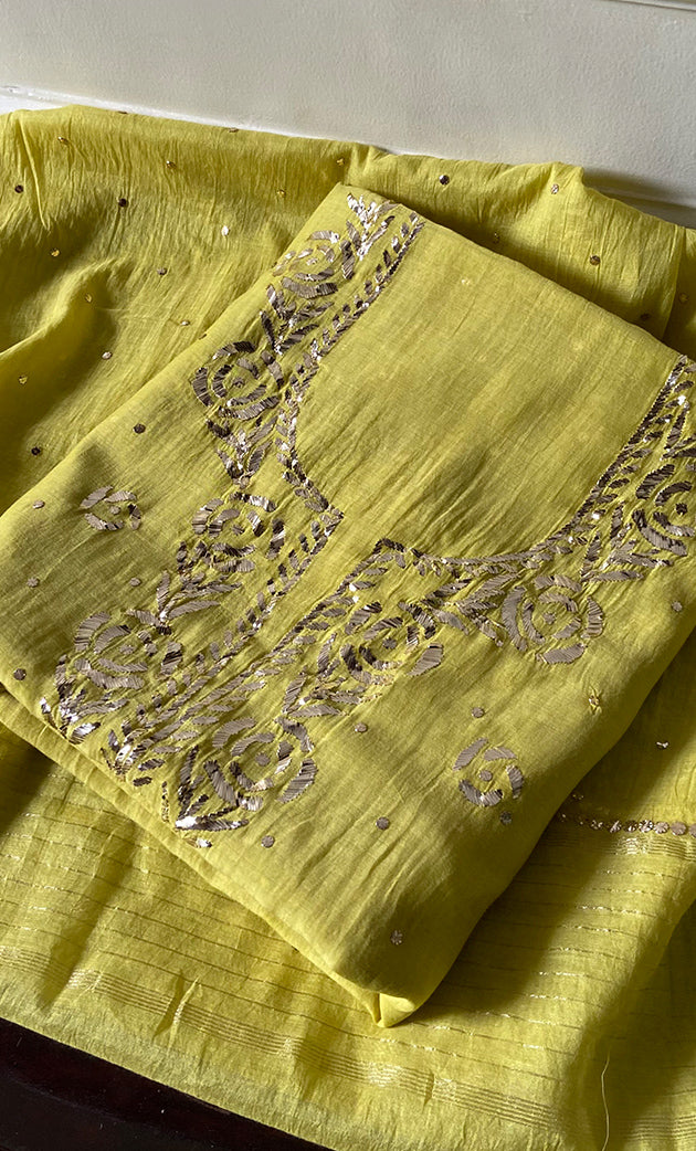 Women's Lakhnavi Handcrafted Mul Chanderi Unstitched Kurta And Dupatta Set - HONC0295673