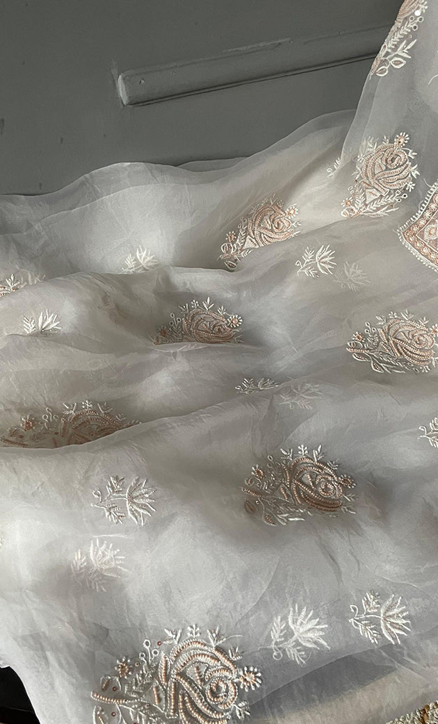 Women's Lakhnavi Handcrafted Pure Organza Chikankari Unstitched Kurta And Dupatta Set- HONC0304473