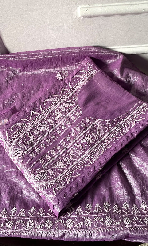 Women's Lakhnavi Handcrafted Tissue Chanderi Semi-Stitched Kurta  And Dupatta Set - HONC0323633