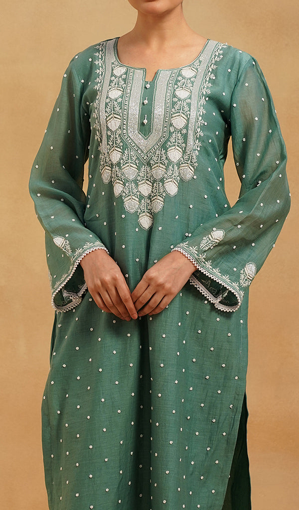 Jazba Women's Lakhnavi Handcrafted Mul Chanderi Chikankari Stitched Kurta, Dupatta And Pant Set - HONC0458975