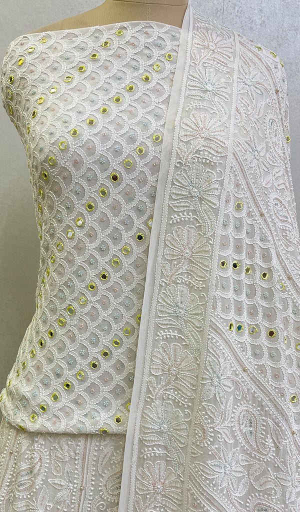 Women's Lakhnavi Handcrafted Bridal Pure Silk Georgette Chikankari Lehenga Set - HONC0102936