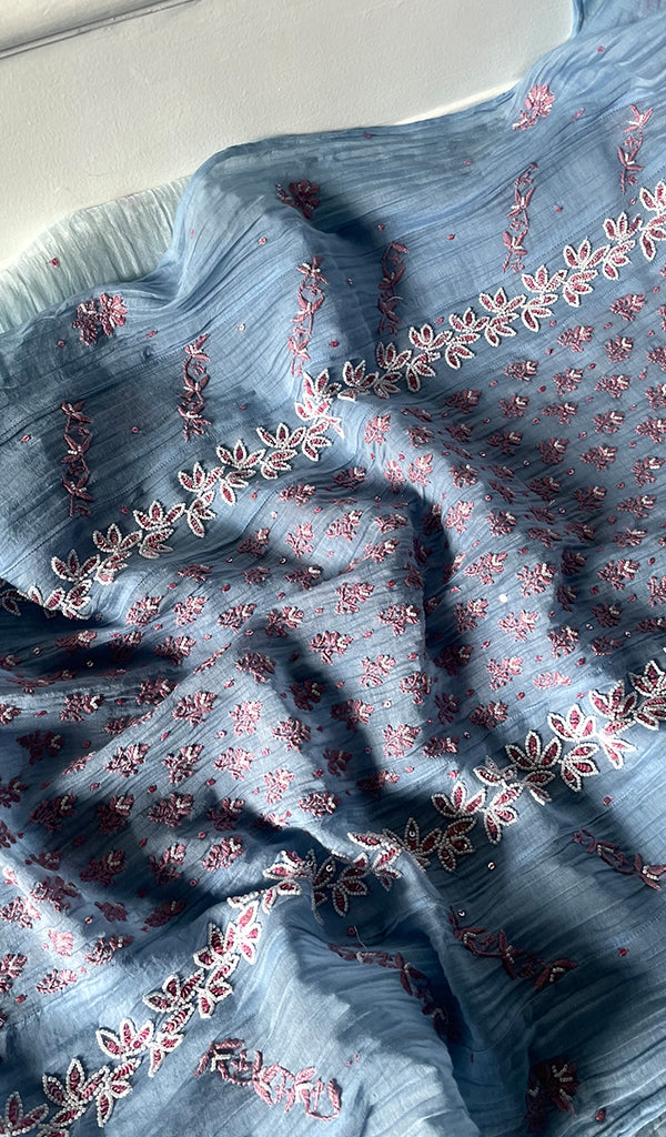 Saziya Women's Lakhnavi Handcrafted Mul Chanderi Semi - stitched Chikankari Full Suit Material - HONC0321285