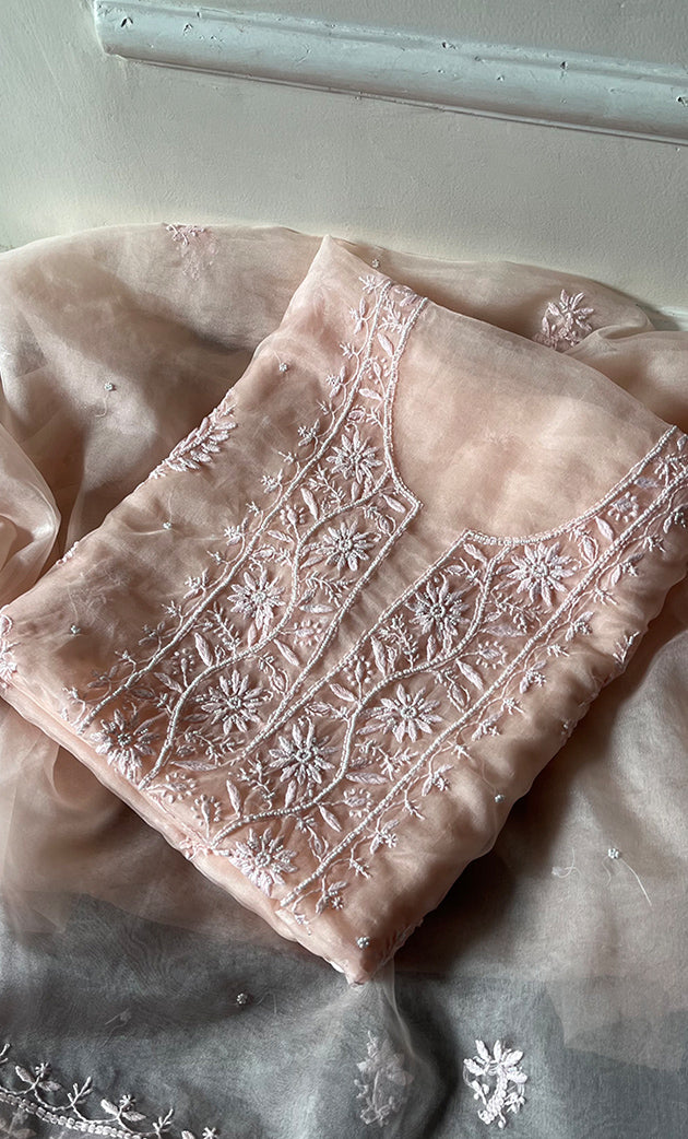 Women's Lakhnavi Handcrafted Organza Chikankari Unstitched Full Suit Material - HONC0284636