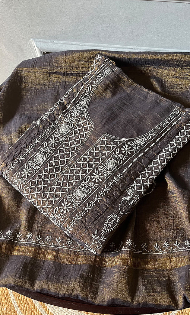 Women's Lakhnavi Handcrafted Tissue Chanderi Semi - Stitched Chikankari Kurta Dupatta Set - HONC0271314