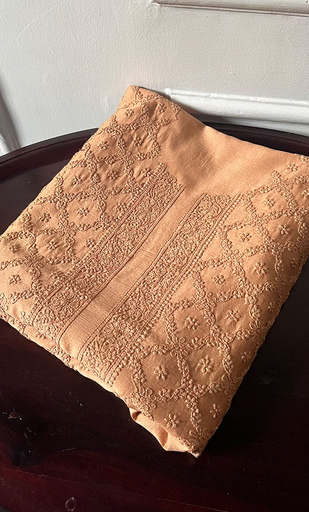 Lucknowi Handcrafted Chanderi Silk Mens Chikankari Unstitched Kurta Fabric- HONC0327449