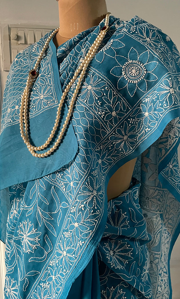 Fairoz Women's Lakhnavi Handcrafted Cotton Chikankari Saree - HONC0269064