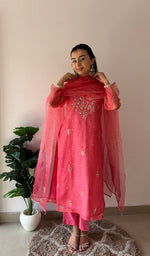 将图像加载到图库查看器中， Women's Lucknowi Handcrafted Pure Organza Silk Stitched Chikankari Kurta, Dupatta With Pant Set- HONC0362245