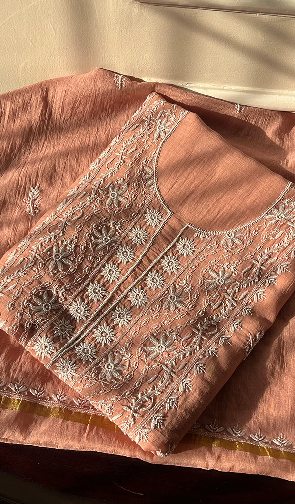 Women's Lakhnavi Handcrafted Mul Chanderi Unstitched Kurta And Dupatta Set - HONC0287731