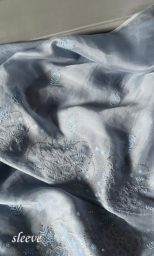 Women's Lakhnavi Handcrafted Pure Organza Chikankari Unstitched Kurta And Dupatta Set- HONC0279308