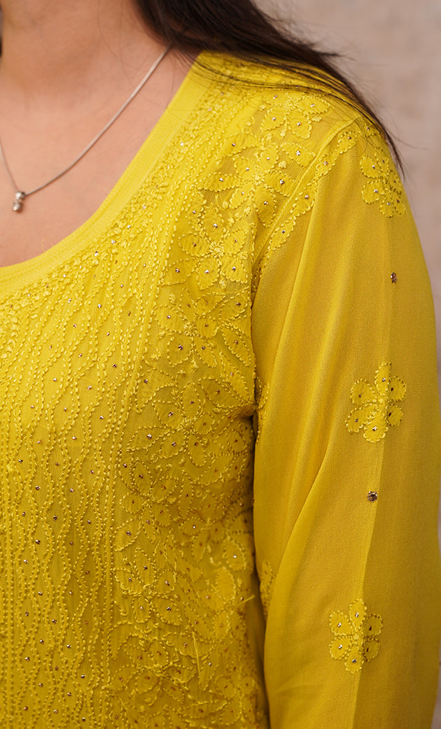 Yusra Women's Lakhnavi Handcrafted Viscose Georgette Chikankari Kurti - HONC0282694