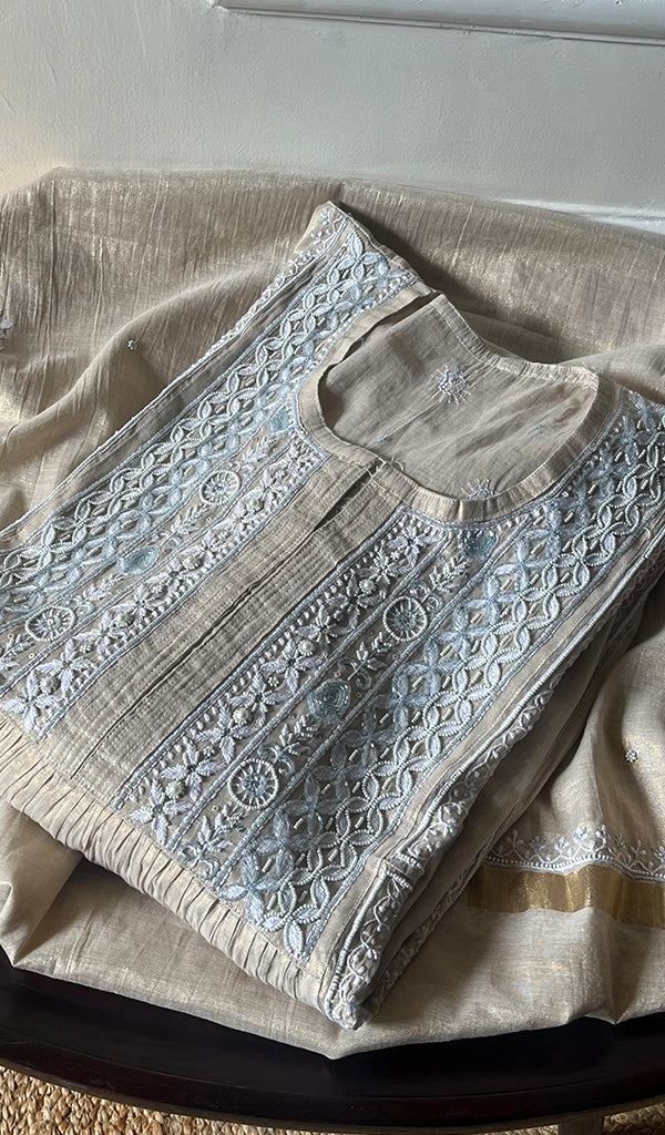 Women's Lakhnavi Handcrafted Tissue Chanderi Semi - Stitched Kurta And Dupatta Set - HONC0297192