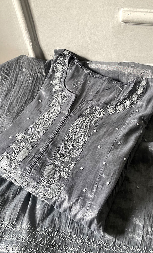 Women's Lakhnavi Handcrafted Tissue Chanderi Semi-Stitched Anarkali And Dupatta Set - HONC0323625