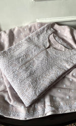 Load image into Gallery viewer, Women's Lakhnavi Handcrafted Pure Silk Georgette Semi - Stitched Chikankari Kurta And Dupatta Set - HONC0323529