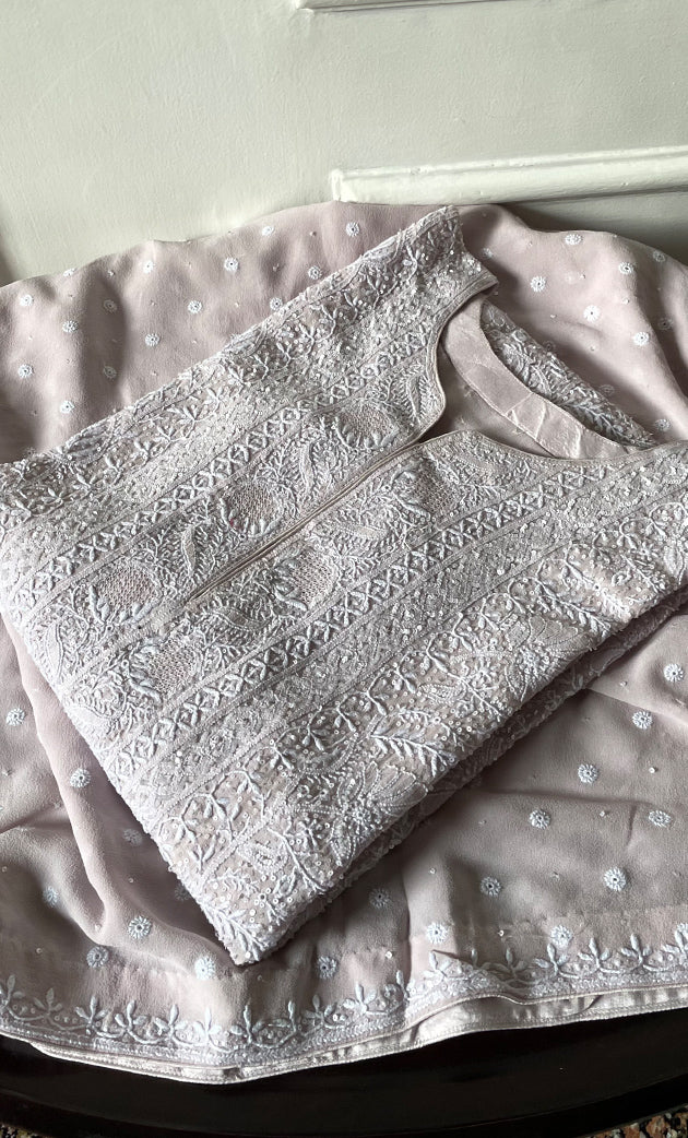 Women's Lakhnavi Handcrafted Pure Silk Georgette Semi - Stitched Chikankari Kurta And Dupatta Set - HONC0323529