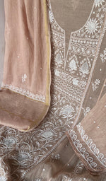Beige Pure Mul Chanderi Chikankari 3 Pc Semi-Stitched Anarkali Suit Set