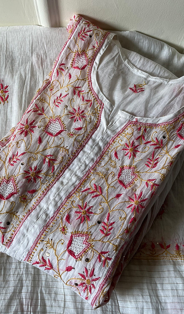 Women's Lakhnavi Handcrafted Mul Chanderi Semi - Stitched Kurta And Dupatta Set - HONC0266951