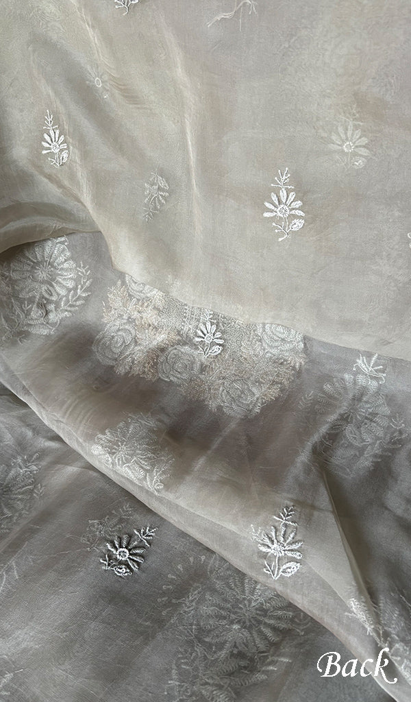 Women's Lakhnavi Handcrafted Pure Organza Chikankari Unstitched Kurta And Dupatta Set- HONC0342712