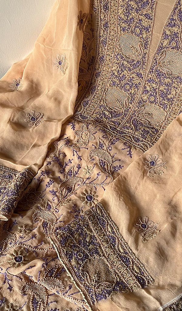 Women's Lakhnavi Handcrafted Pure Silk Georgette Chikankari Semi-Stiched Kurta And Dupatta Set - HONC0251685