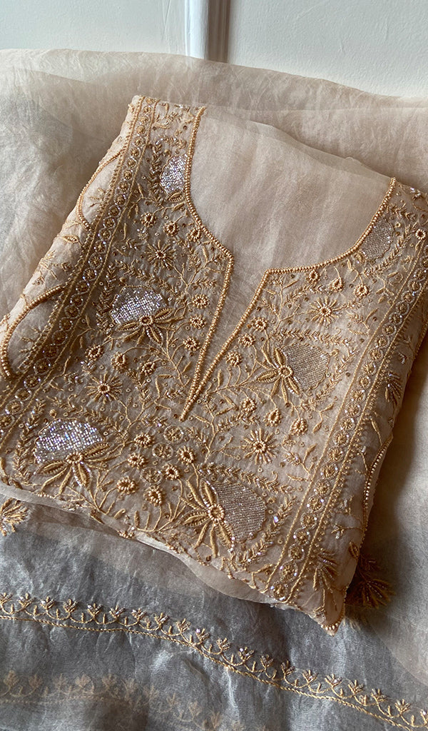 Women's Lakhnavi Handcrafted Pure Organza Chikankari Unstitched Kurta And Dupatta Set- HONC0263885