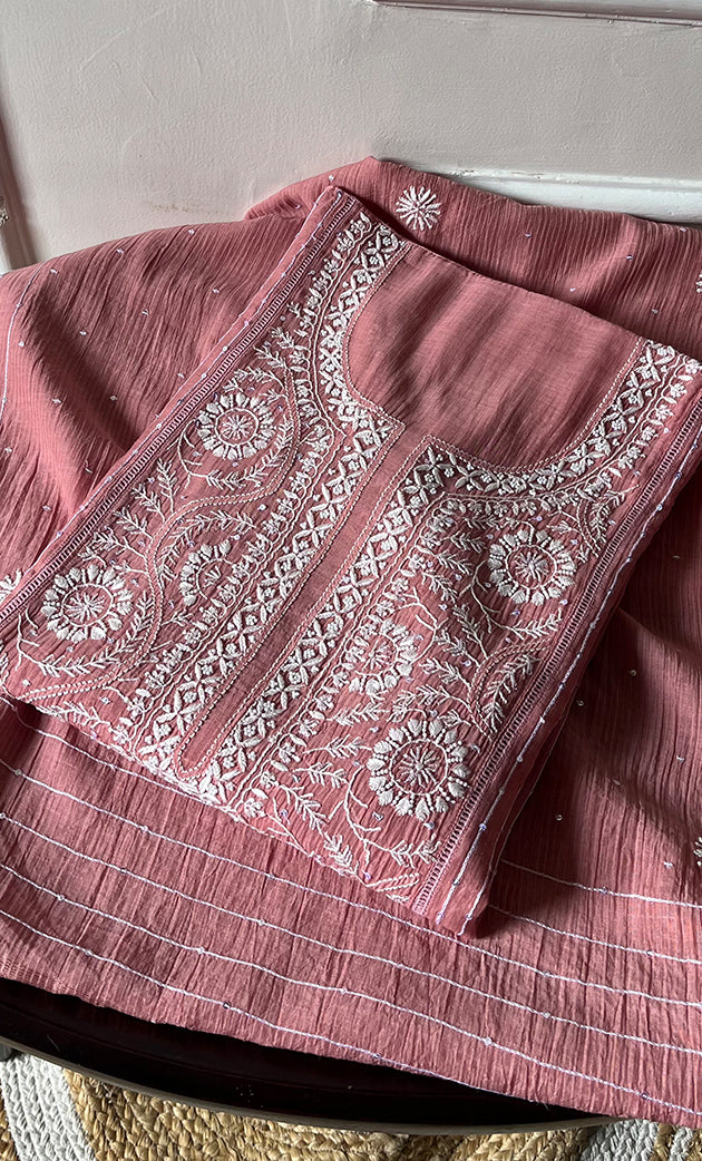 Women's Lakhnavi Handcrafted Mul Chanderi Chikankari Semi - Stitched Kurta Dupatta Set - HONC0301238