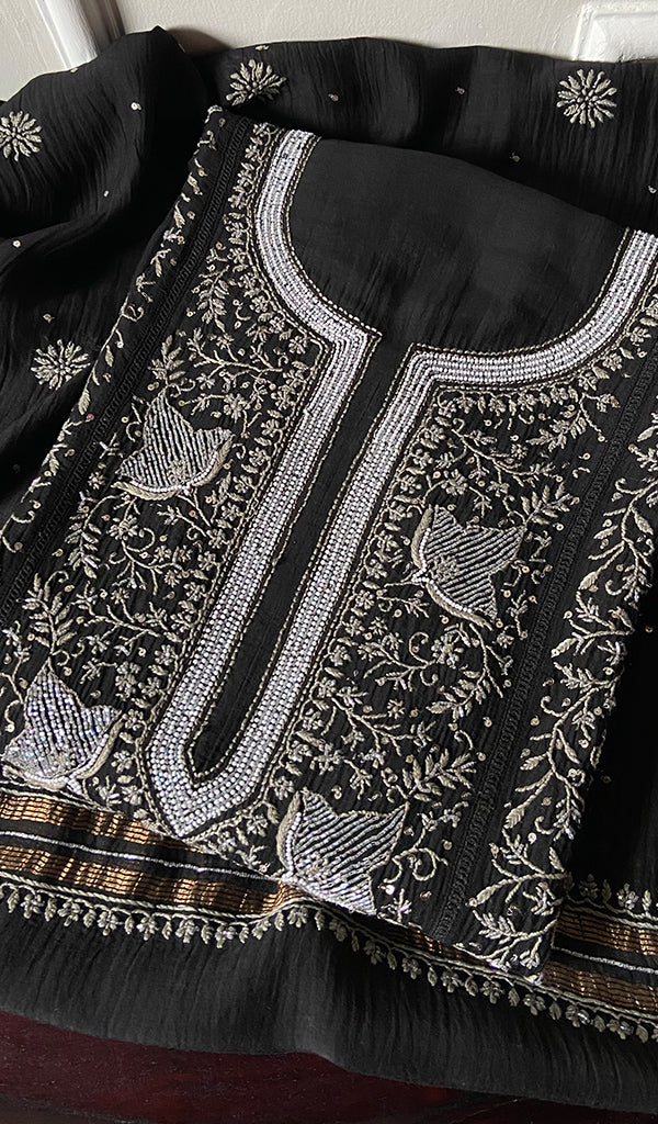 Women's Lakhnavi Handcrafted Mul Chanderi Semi - Stitched Kurta And Dupatta Set - HONC0261772