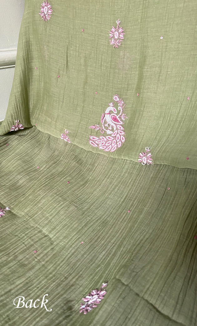 Women's Lakhnavi Handcrafted Mul Chanderi Unstitched Chikankari Full Suit Material - HONC0339572