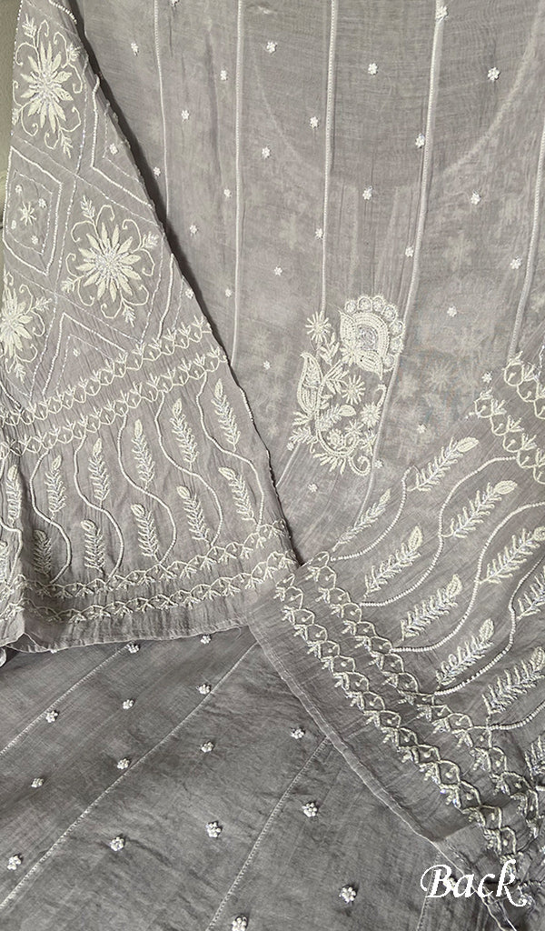 Basma Women's Lucknowi Handcrafted Mul Chanderi Semi - stitched Chikankari Anarkali Full Set - HONC0355629