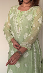 Ira Women's Lucknowi Handcrafted Mul Chanderi Stitched Chikankari Kurta And Plazzo Set .
