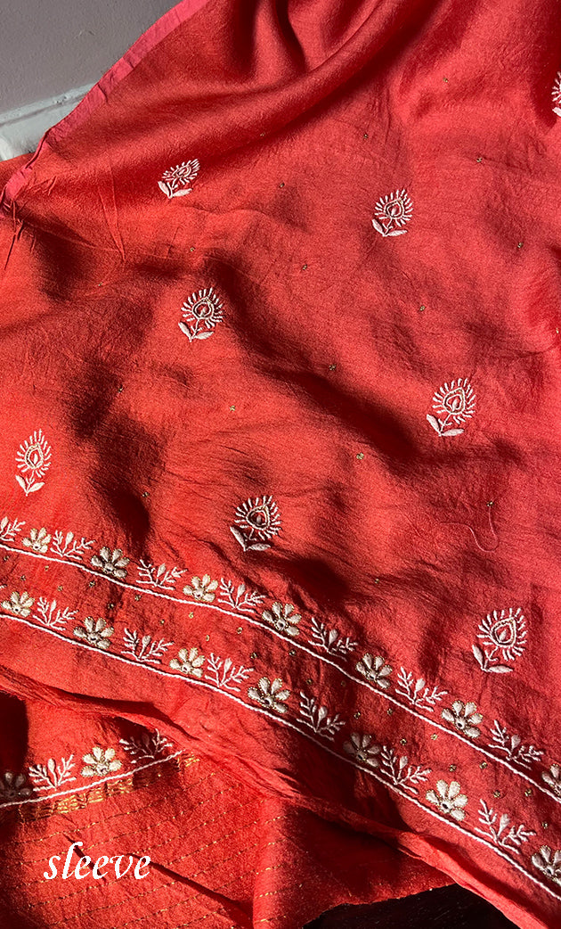 Women's Lakhnavi Handcrafted Munga Silk Chikankari Kurta And Dupatta Set- HONC0278881