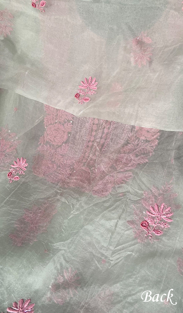 Rose Women's Lakhnavi Handcrafted Pure Organza Chikankari Unstitched Kurta And Dupatta Set- HONC0368733