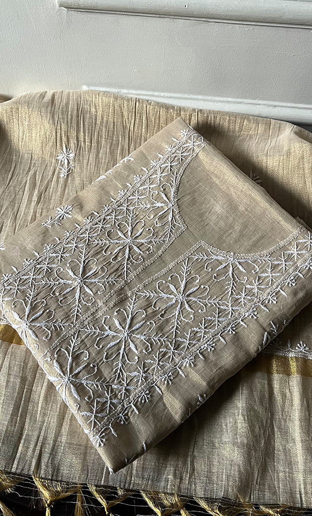 Women's Lakhnavi Handcrafted Tissue Chanderi Unstitched Chikankari Kurta And Dupatta Set - HONC0328099