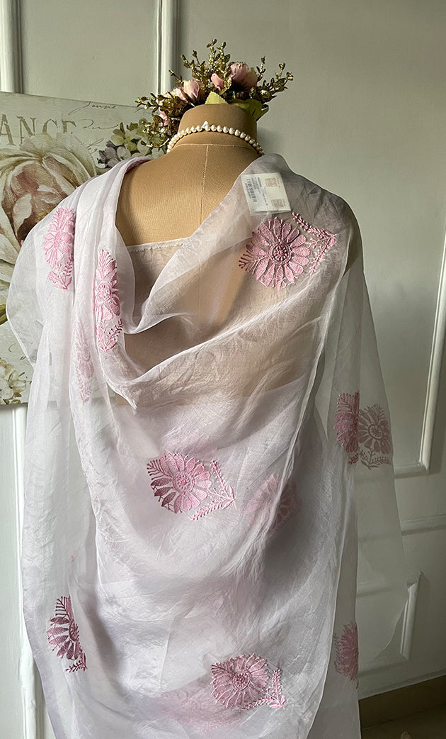 Women's Lucknowi Handcrafted Pure Organza Silk Chikankari Saree - HONC0294653