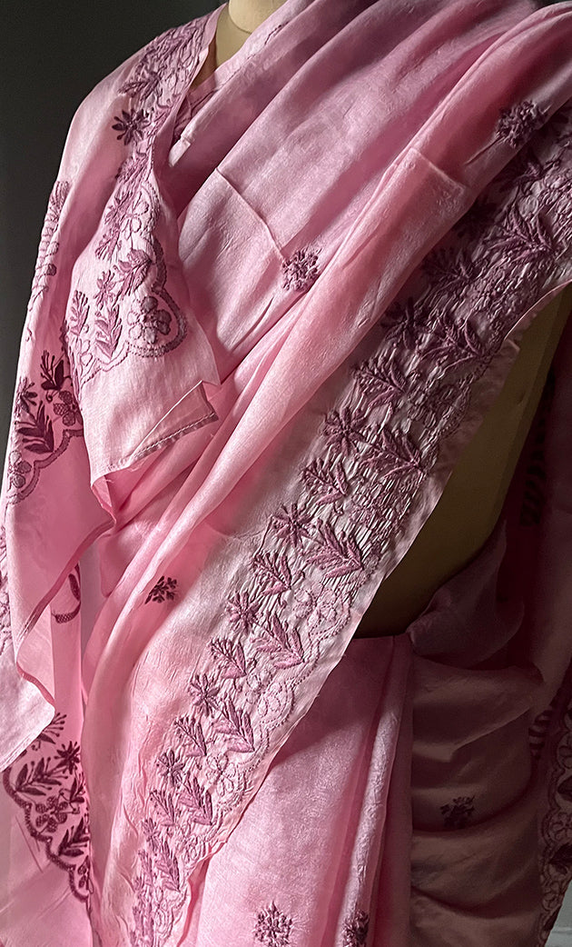 Women's Lakhnavi Handcrafted Tussar Silk Chikankari Saree - HONC0284161