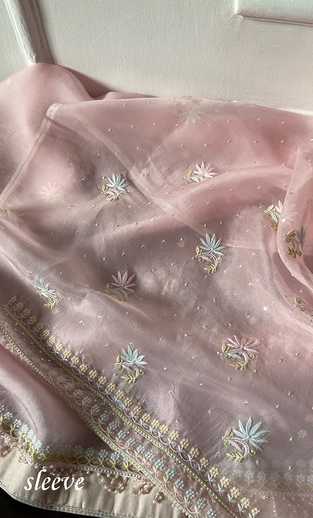 Women's Lakhnavi Handcrafted Pure Organza Chikankari Unstitched Kurta And Dupatta Set- HONC0318888