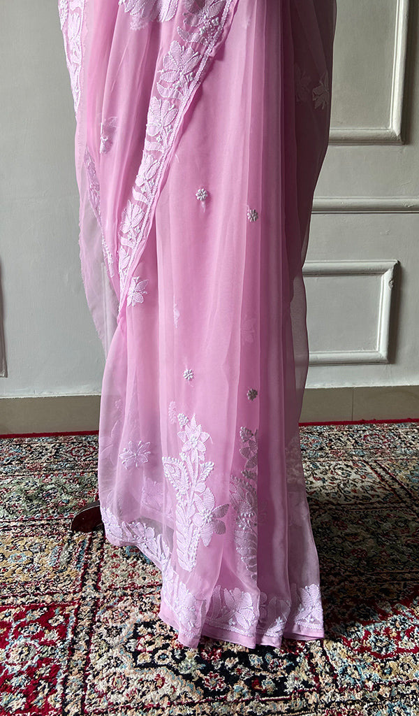 Women's Lucknowi Handcrafted Faux-Georgette Chikankari Saree - HONC0348735