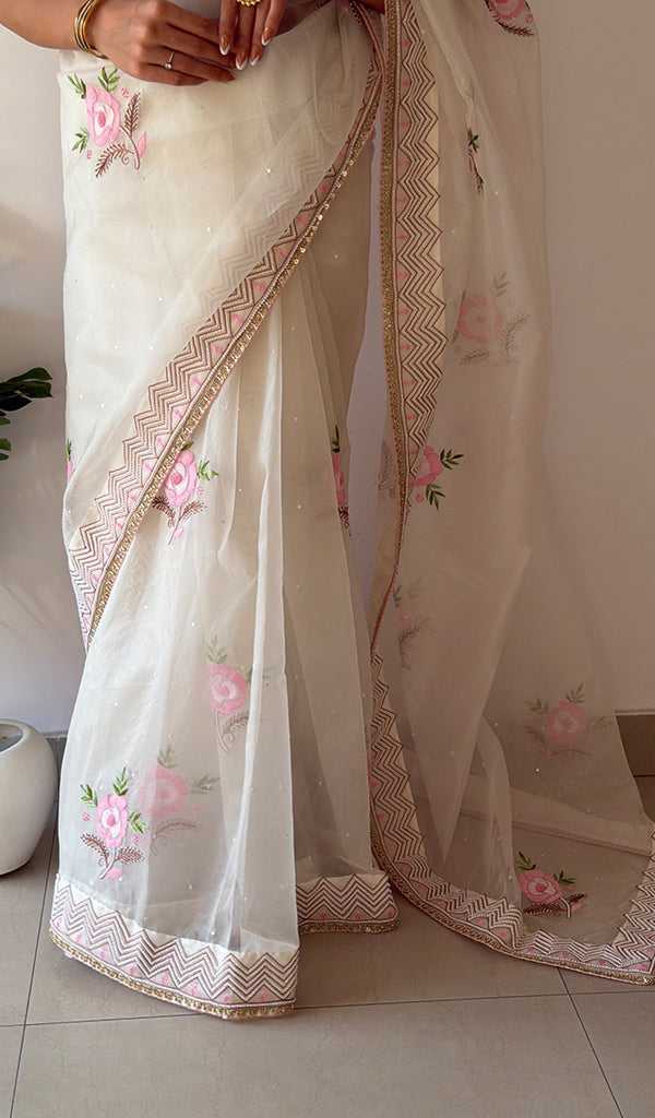 Zunaira Women's Lucknowi Handcrafted Pure Organza Silk Chikankari Saree - HONC0379177