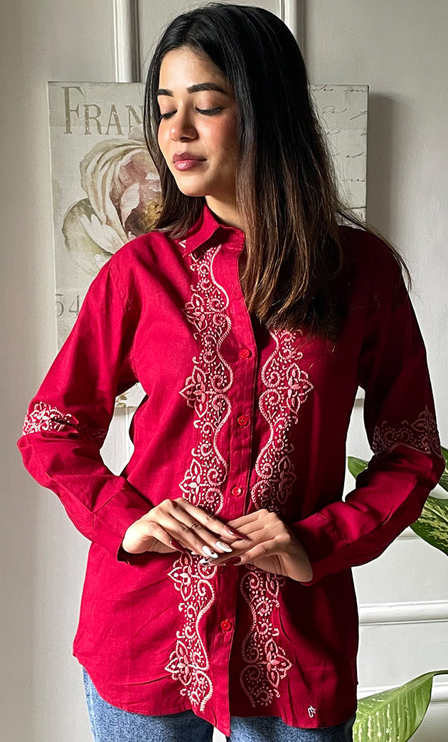 Women's Lucknowi Handcrafted Slub Cotton Chikankari Top - HONC0299115