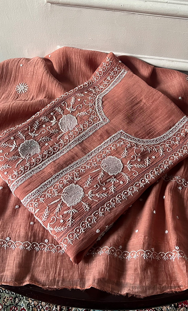 Joud Women's Lakhnavi Handcrafted Mul Chanderi Semi - Stitched Anarkali And Dupatta Set - HONC0330159