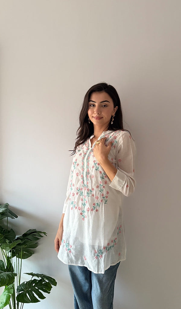 Sophia Women's Lakhnavi Handcrafted Mul Chanderi Chikankari Top - HONC0372966