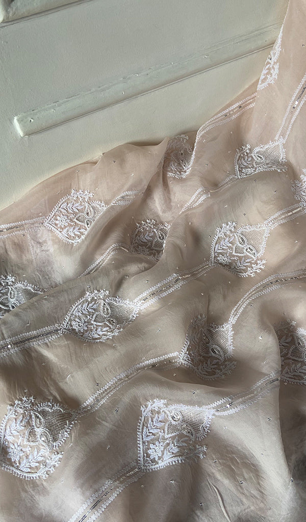 Women's Lakhnavi Handcrafted Pure Organza Chikankari Unstitched Kurta And Dupatta Set- HONC0346142