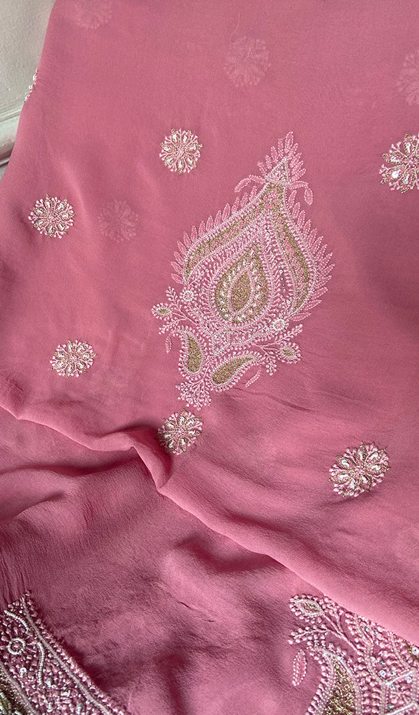 Women's Lakhnavi Handcrafted Pure Silk Georgette Chikankari Kurta And Dupatta Set - HONC0271642