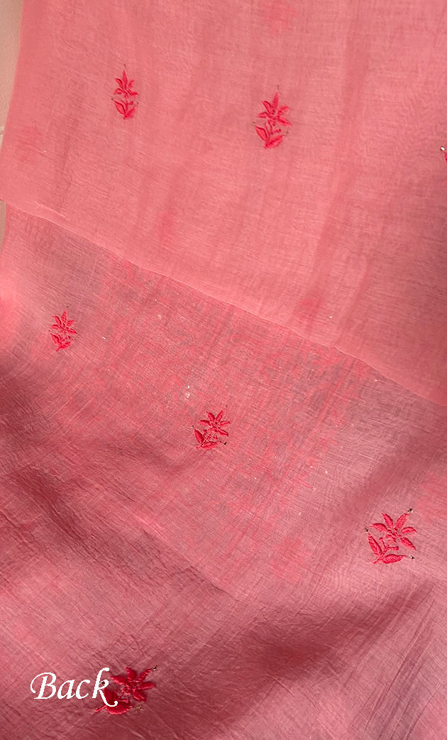 Women's Lakhnavi Handcrafted Mul Chanderi Unstitched Chikankari Full Suit Material - HONC0324503