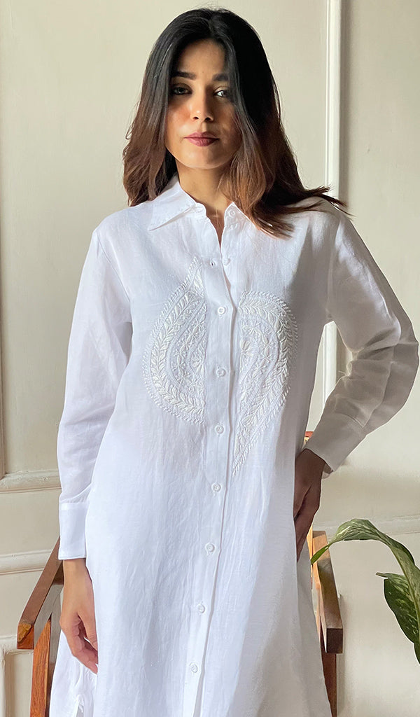 Women's Lakhnavi Handcrafted  Linen Cotton Chikankari Kurti -  HONC0301627