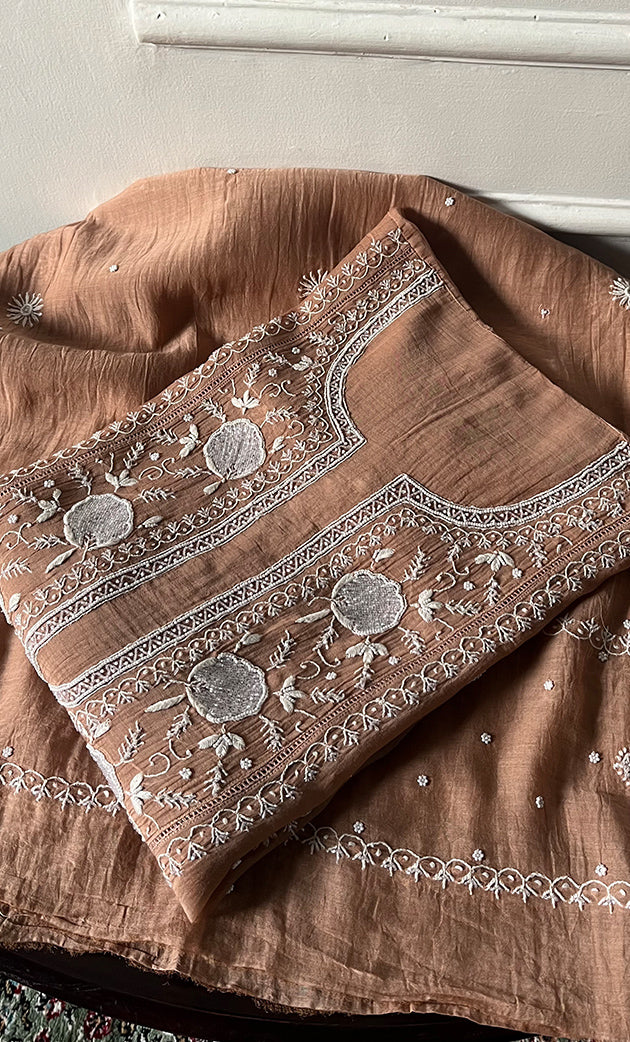 Joud Women's Lakhnavi Handcrafted Mul Chanderi Semi - Stitched Anarkali And Dupatta Set - HONC0330160