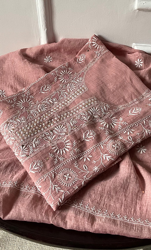 Women's Lakhnavi Handcrafted Tissue Chanderi Semi - Stitched Kurta And Dupatta Set- HONC0270644