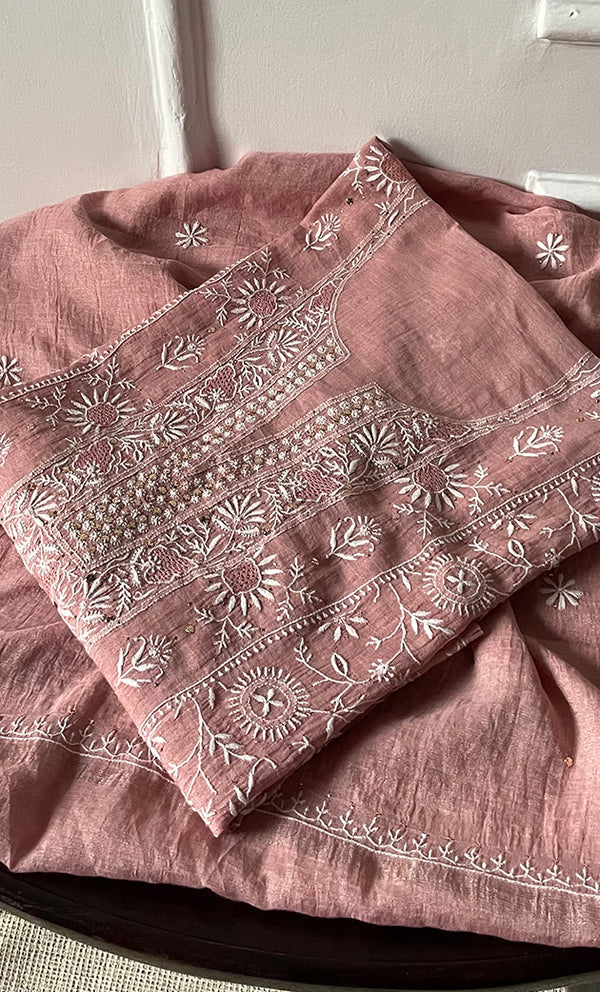 Women's Lakhnavi Handcrafted Tissue Chanderi Semi - Stitched Kurta And Dupatta Set- HONC0270644
