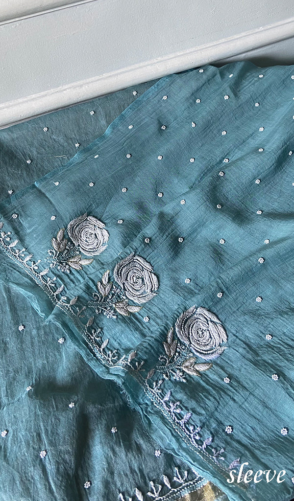 Jazba Women's Lakhnavi Handcrafted Mul Chanderi Unstitched Kurta And Dupatta Set - HONC0356294