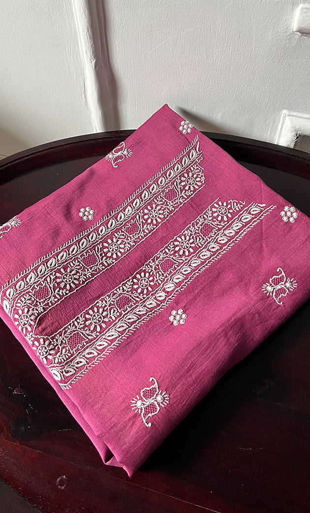 Lucknowi Handcrafted Chanderi Silk Chikankari Unstitched Unisex Kurta Fabric - HONC0268120