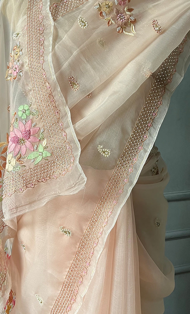 Women's Lucknowi Handcrafted Pure Organza Silk Chikankari Saree - HONC0282492