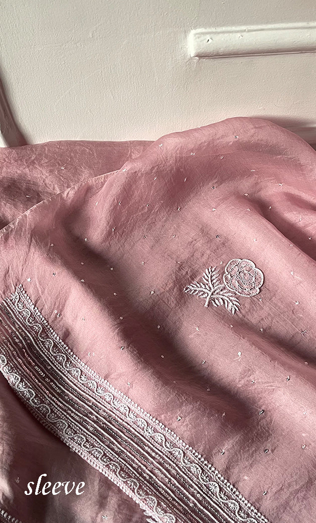 Women's Lakhnavi Handcrafted Pure Organza Chikankari Unstitched Kurta And Dupatta Set- HONC0292518